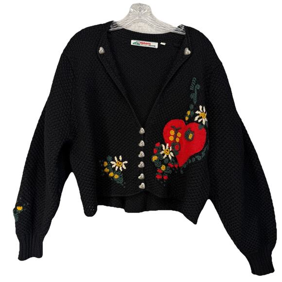 Alphorn Sweaters - Alphorn Cardigan Womens 46 Black Wool Embroidered Floral Heart Vtg